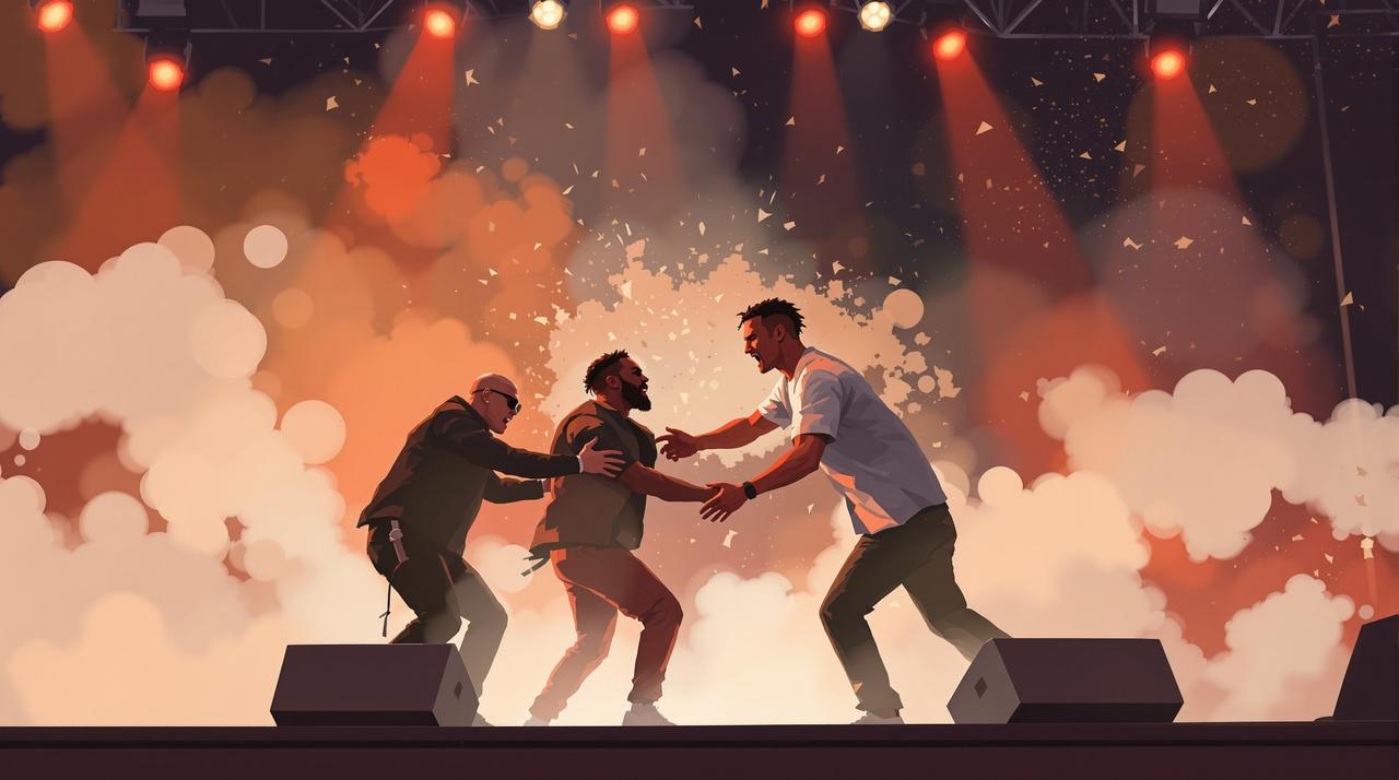 某音乐节现场突发打架事件,两位rapper台上互殴被保安架走